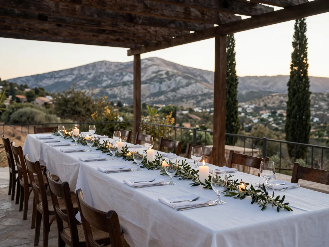 A long banquet table with white linen, candles, and olive branches set under a pergola at an outdoor Greek venue.