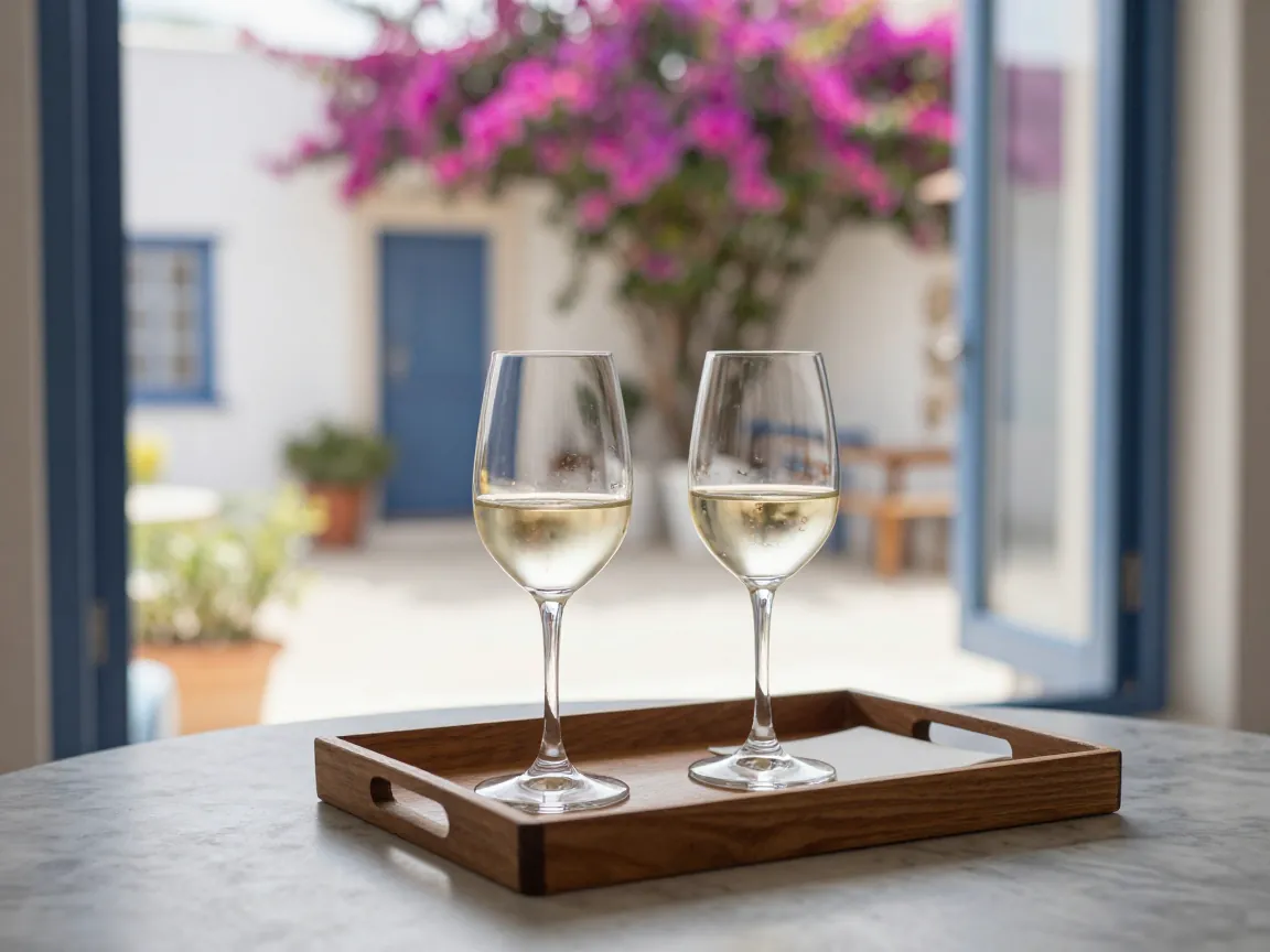 A tray with two glasses of white wine and a notepad on a marble table, courtyard with bougainvillea blurred behind.