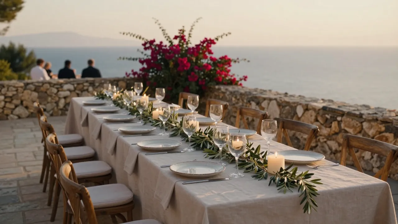 Long wedding banquet table with olive branches and candles on a stone terrace above the sea in Crete.