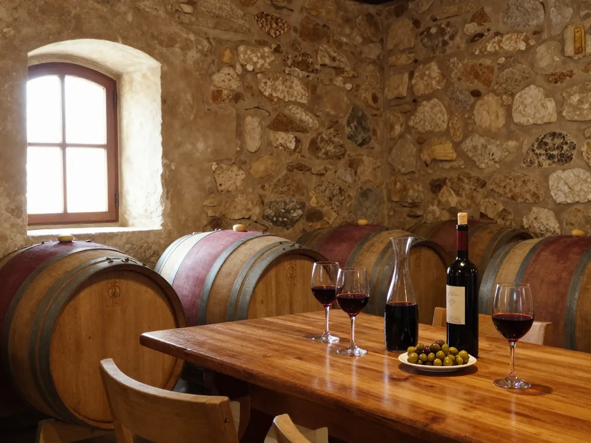 Oak barrels and a wooden table with glasses of red wine and olives in a stone wine cellar.