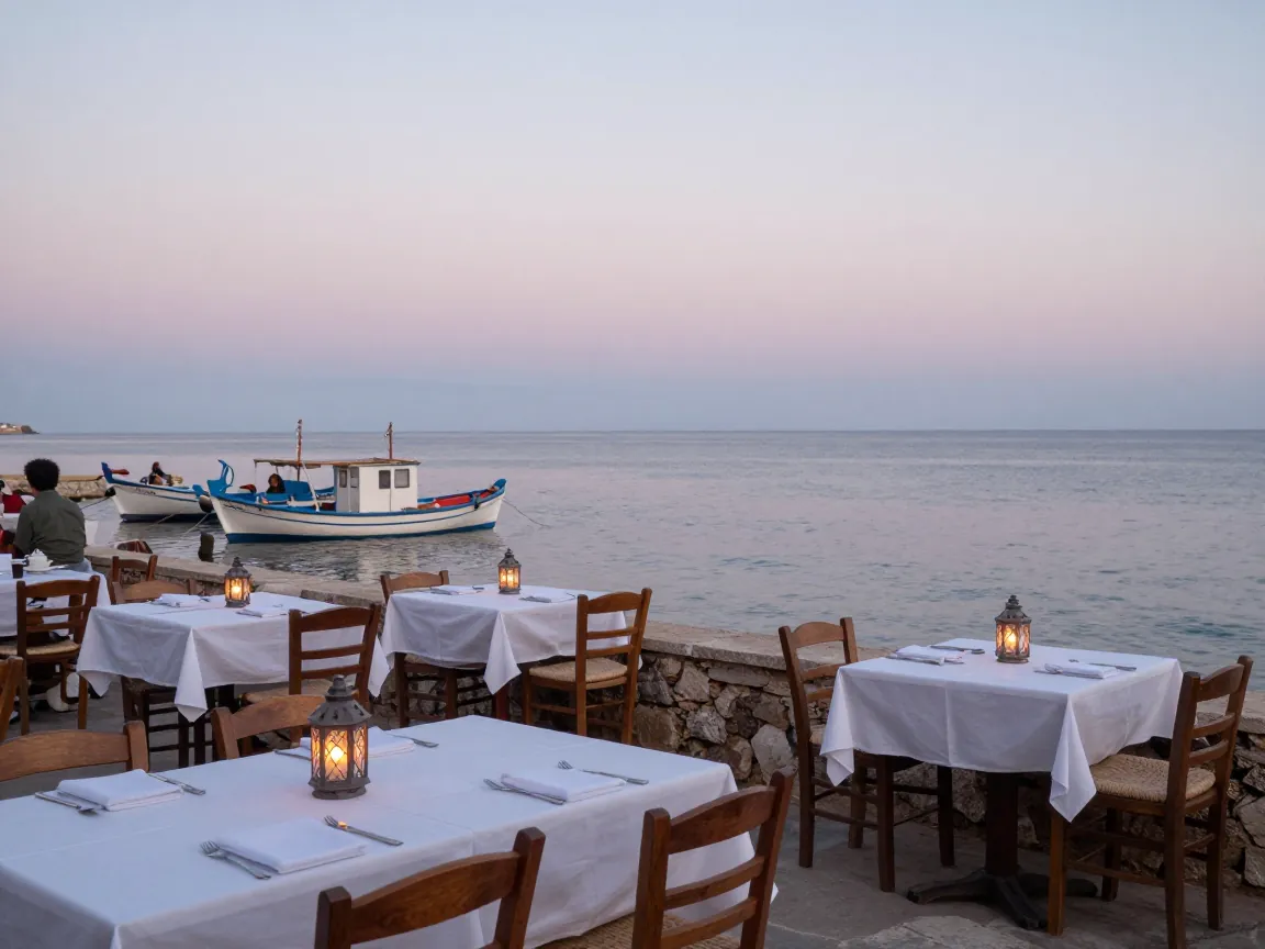 Seaside restaurant terrace at dusk with candlelit tables, wooden chairs and moored fishing boats on calm water.