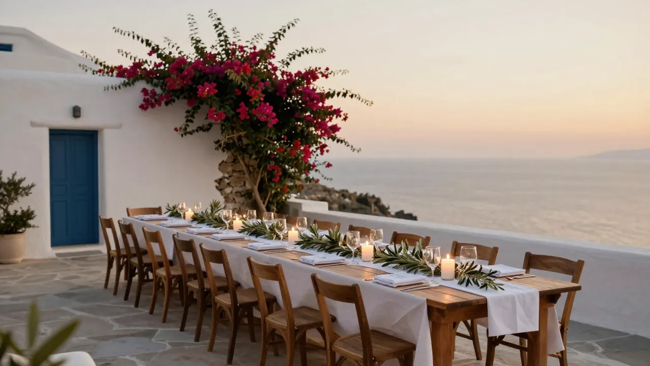 Whitewashed terrace with sea view set for a wedding reception at sunset in Rhodes.