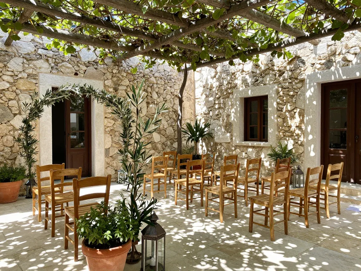 Rustic stone courtyard with wooden chairs and olive branch arch prepared for a wedding ceremony.