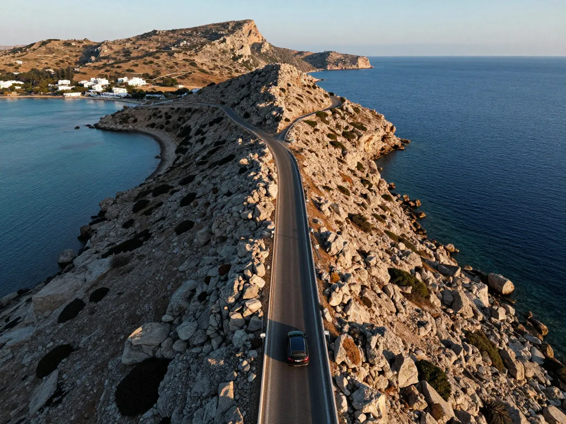 Aerial view of a coastal road winding along the rocky shoreline of Rhodes with blue sea.