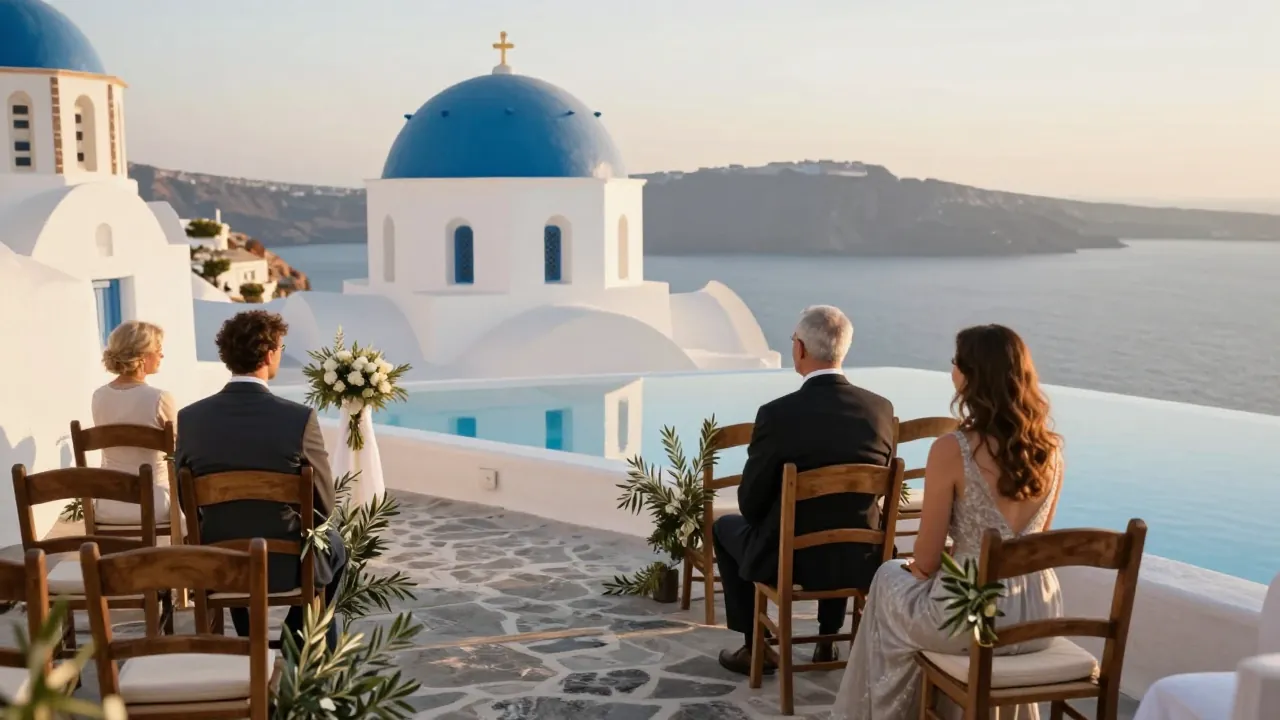Whitewashed terrace with wedding chairs and olive branches overlooking the Santorini caldera at sunset.