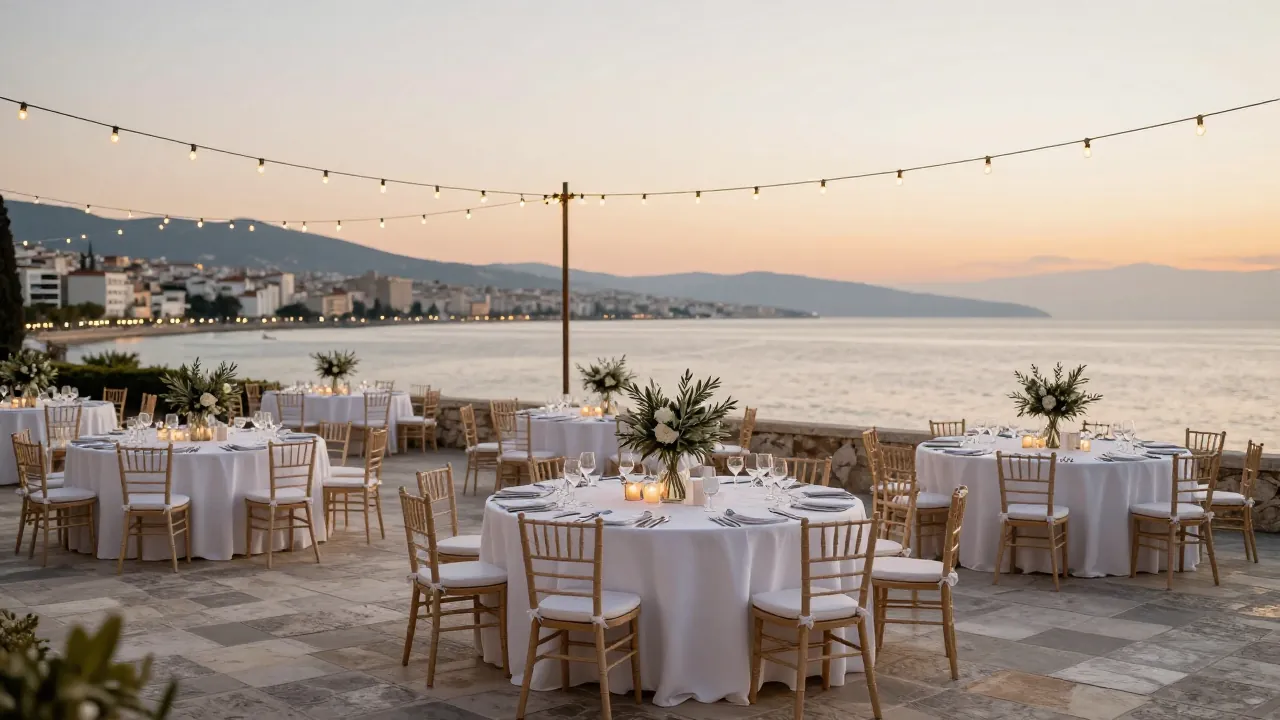 Elegant wedding table setup on a terrace with a sea view at sunset in Thessaloniki.