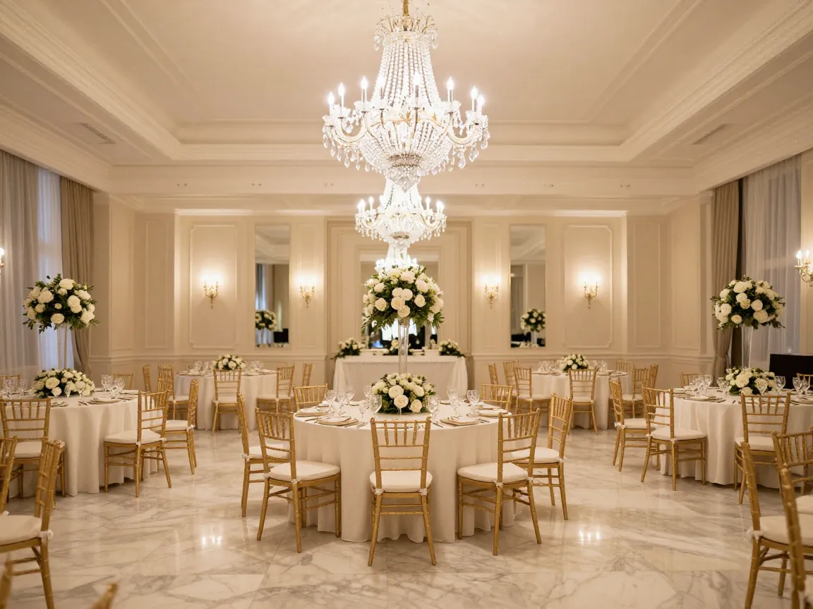 Luxurious indoor ballroom with chandelier, marble floors, and elegantly set tables for a wedding reception.
