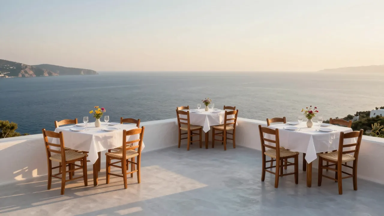 White stone terrace with tables overlooking the sea at sunset in Zakynthos, Greece.