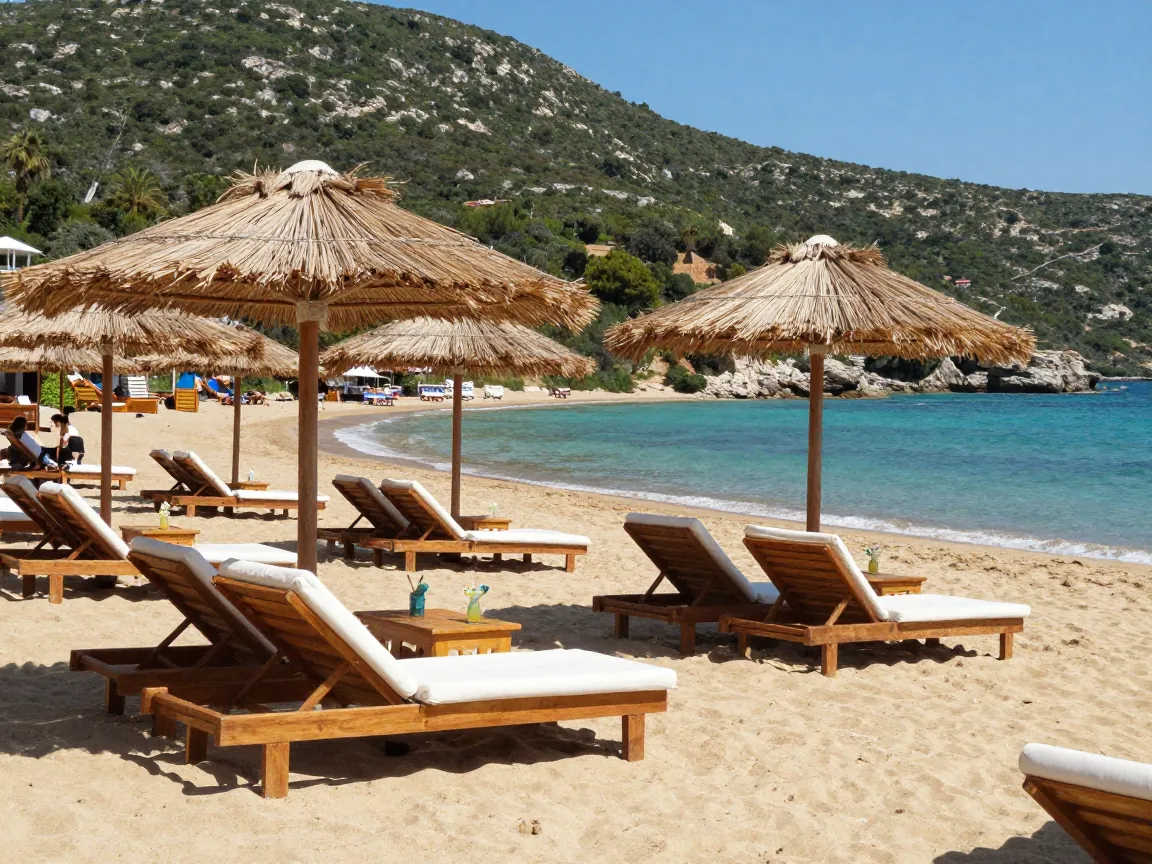 Beach bar with wooden loungers and bamboo umbrellas on a sandy shore in Vasilikos, Zakynthos.