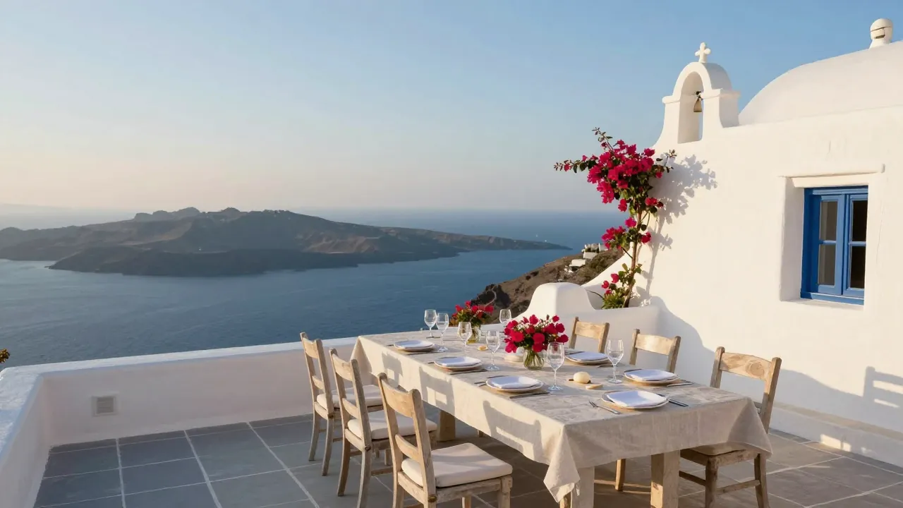 Whitewashed villa terrace overlooking the Aegean at sunset, set for an outdoor wedding dinner with bougainvillea.