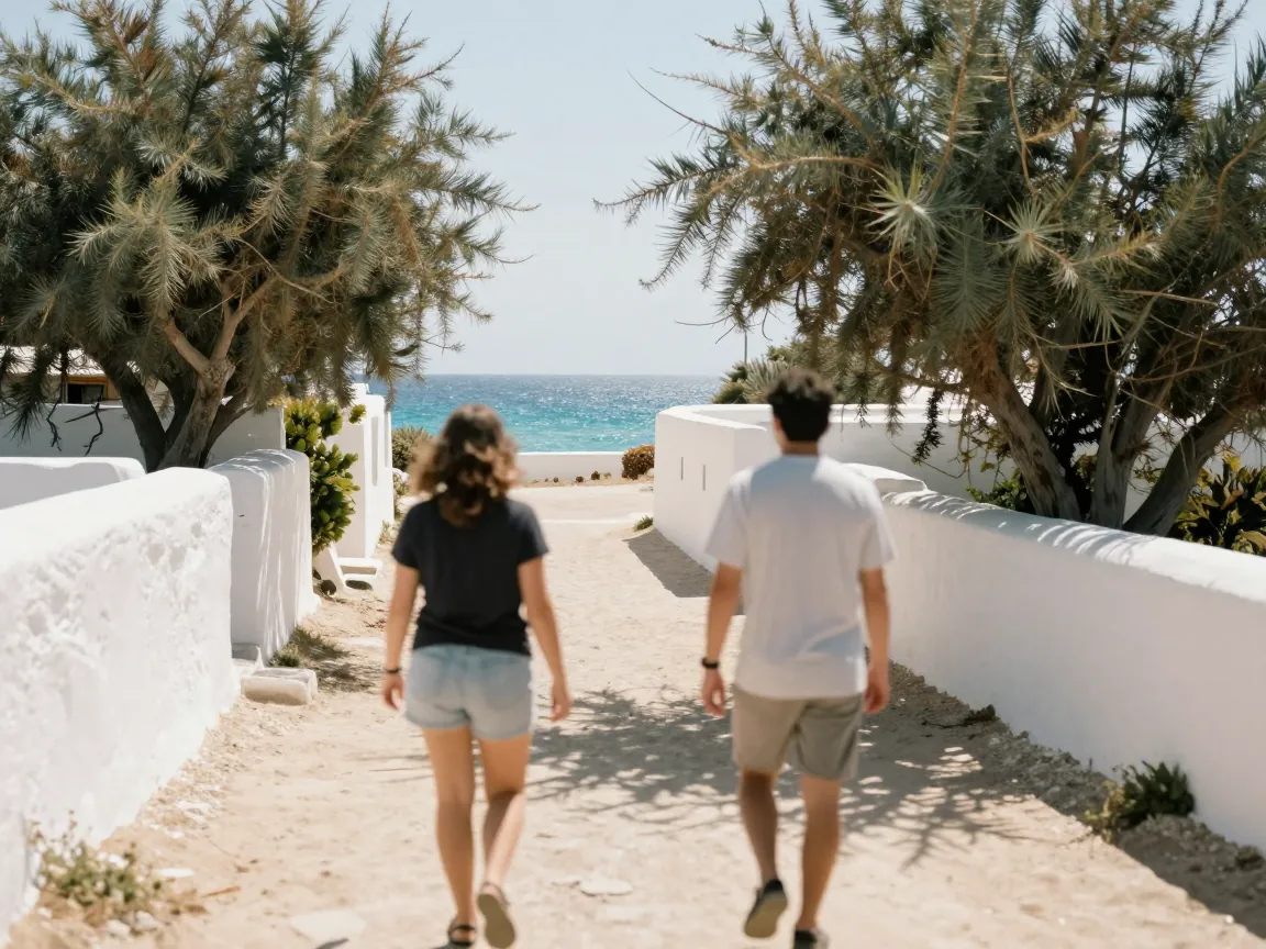 Two blurry figures from behind walk a sandy path between whitewashed walls and tamarisk trees on Paros.