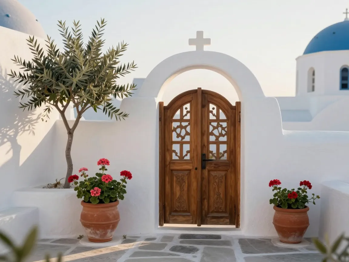Whitewashed Santorini courtyard with a carved wooden gate, geraniums in terracotta pots and an olive tree in soft light.