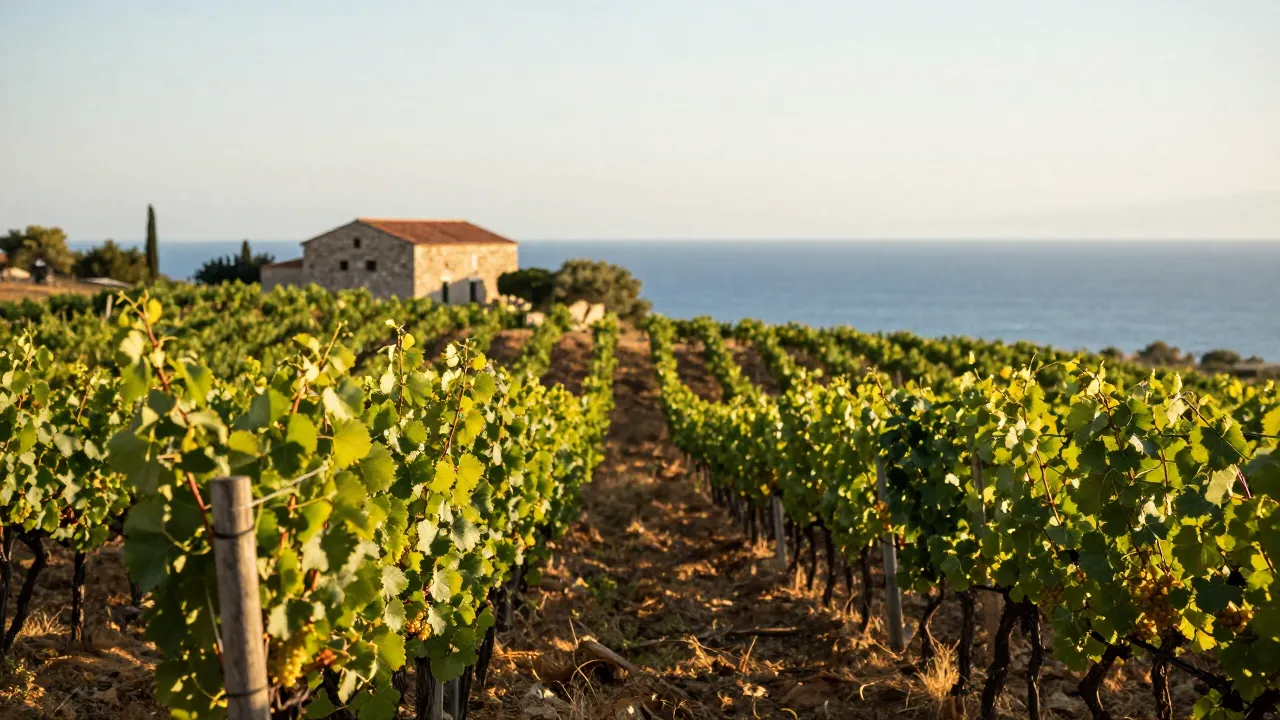 Vineyard rows at sunset with a stone farmhouse and sea in the distance.