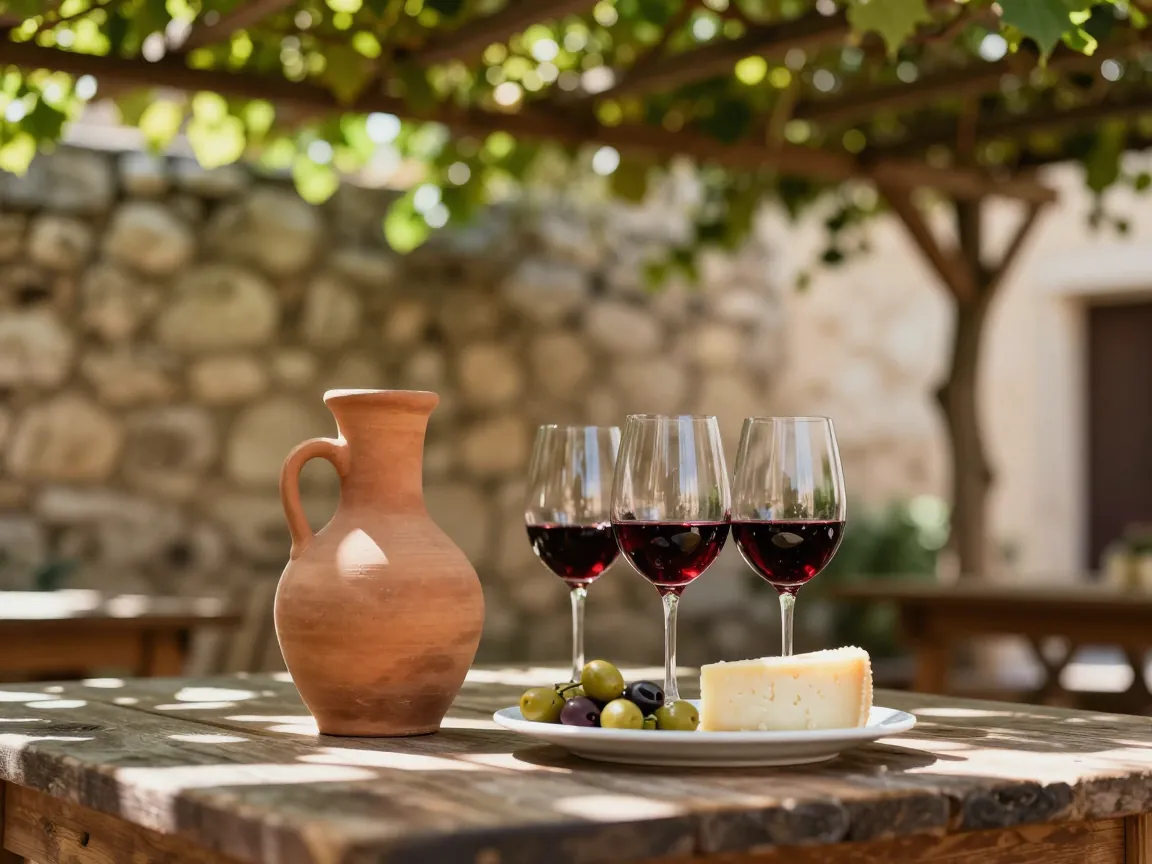 Table under a vine pergola with wine glasses, carafe, olives and cheese in dappled light.