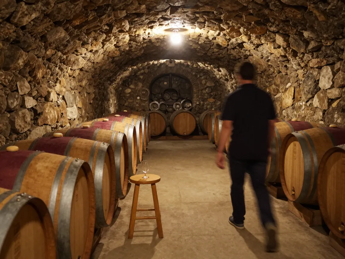 Stone wine cellar with oak barrels and a blurred figure walking away from a tasting glass.