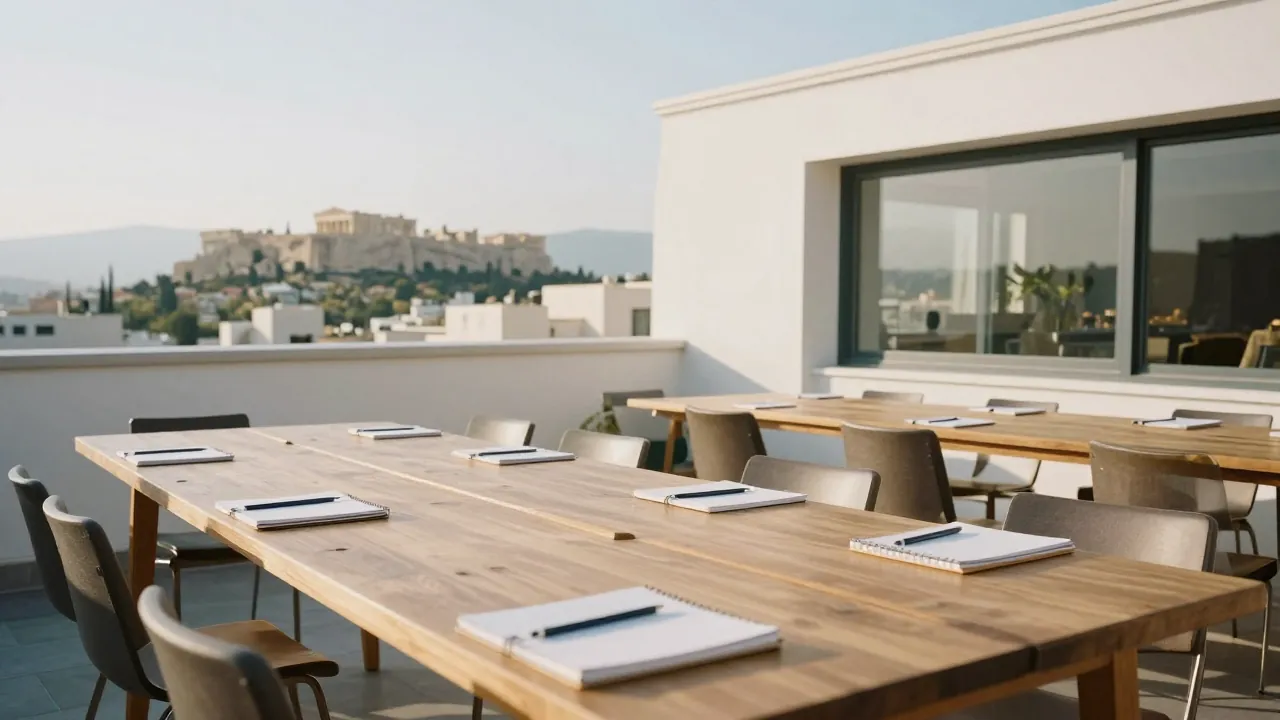 Sunlit rooftop event space in Athens with a long table set for a workshop and the Acropolis in the distance.