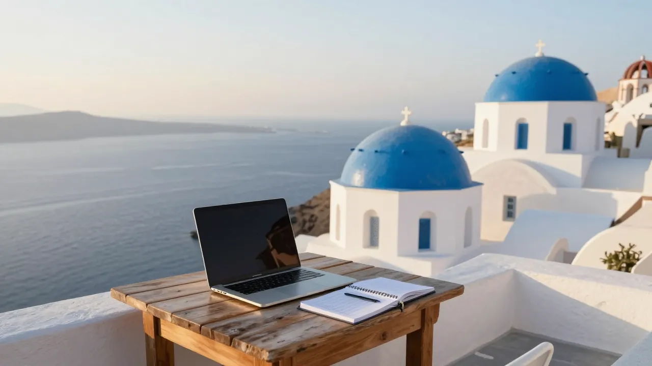 Cycladic terrace overlooking the sea with a laptop and notebook on a table, ready for event planning.