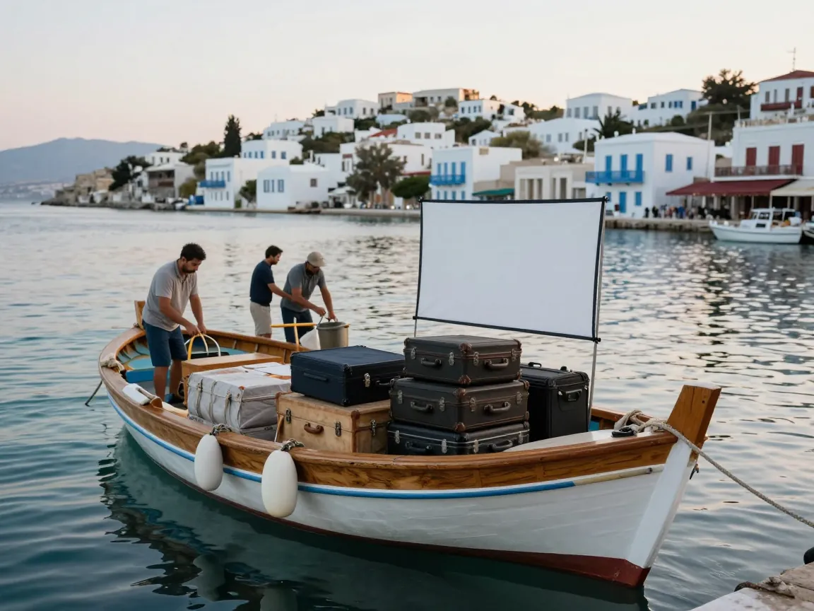 Ξύλινο σκάφος σε προβλήτα ελληνικού νησιού φορτωμένο βαλίτσες και εξοπλισμό, πλήρωμα ασφαλίζει το φορτίο στο πρωινό φως.