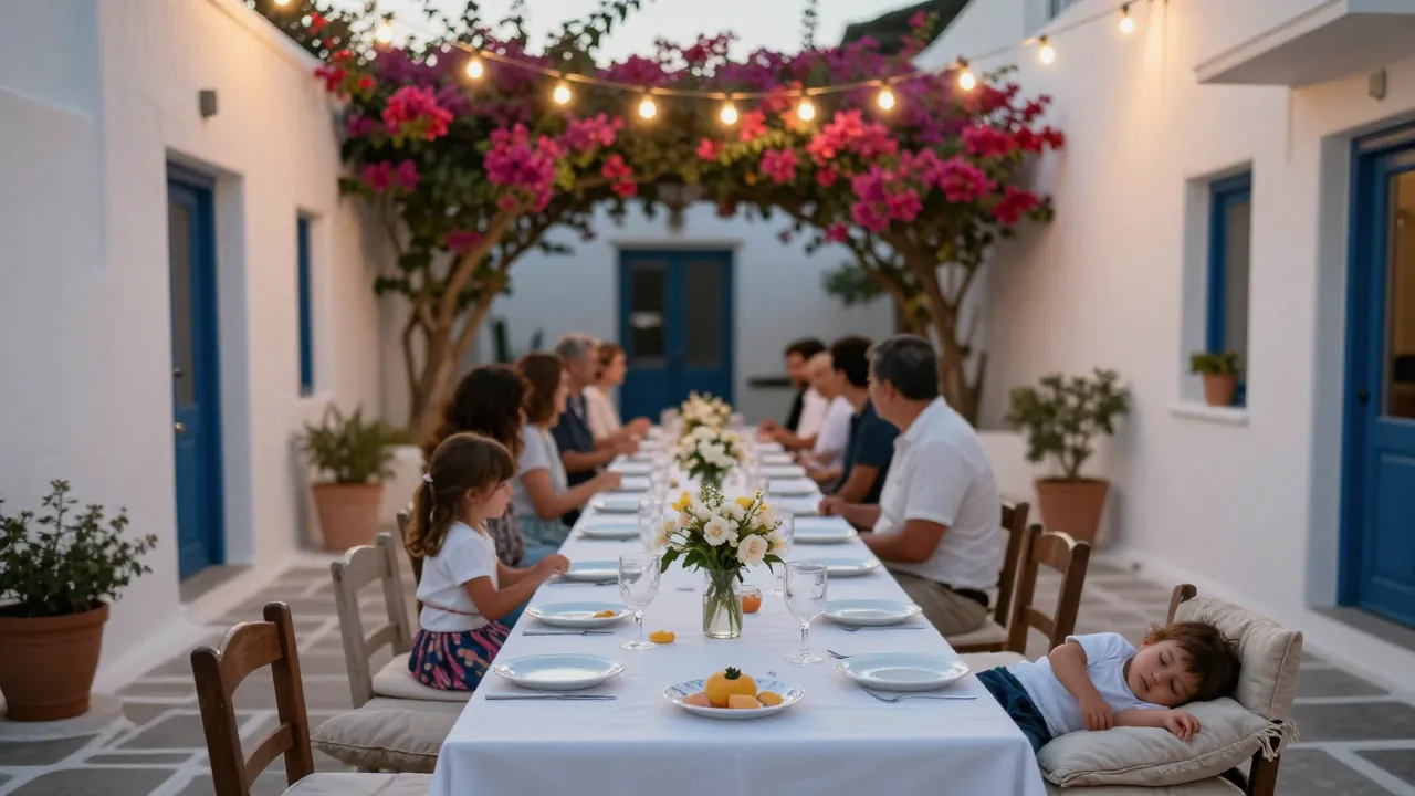 Long Greek wedding table at dusk with children's cushions and a sleeping toddler, no faces visible.