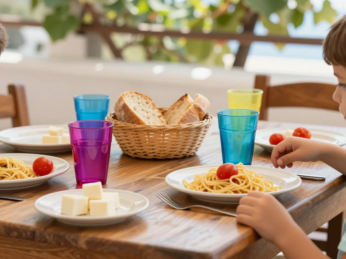 Children's table with pasta, tomatoes, cheese and plastic cups under a Greek vine pergola.
