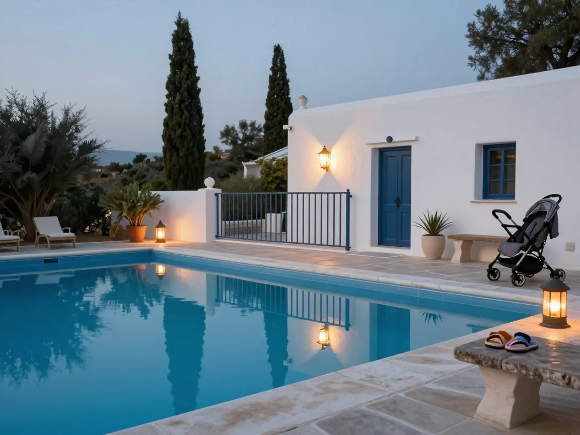 Villa pool terrace at dusk with safety gate closed, stroller and sandals on a bench.