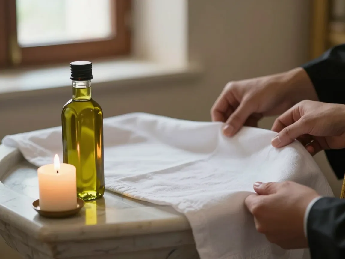 Baptismal font with white cloth, olive oil bottle, and lit candle on a marble ledge, hands adjusting cloth.