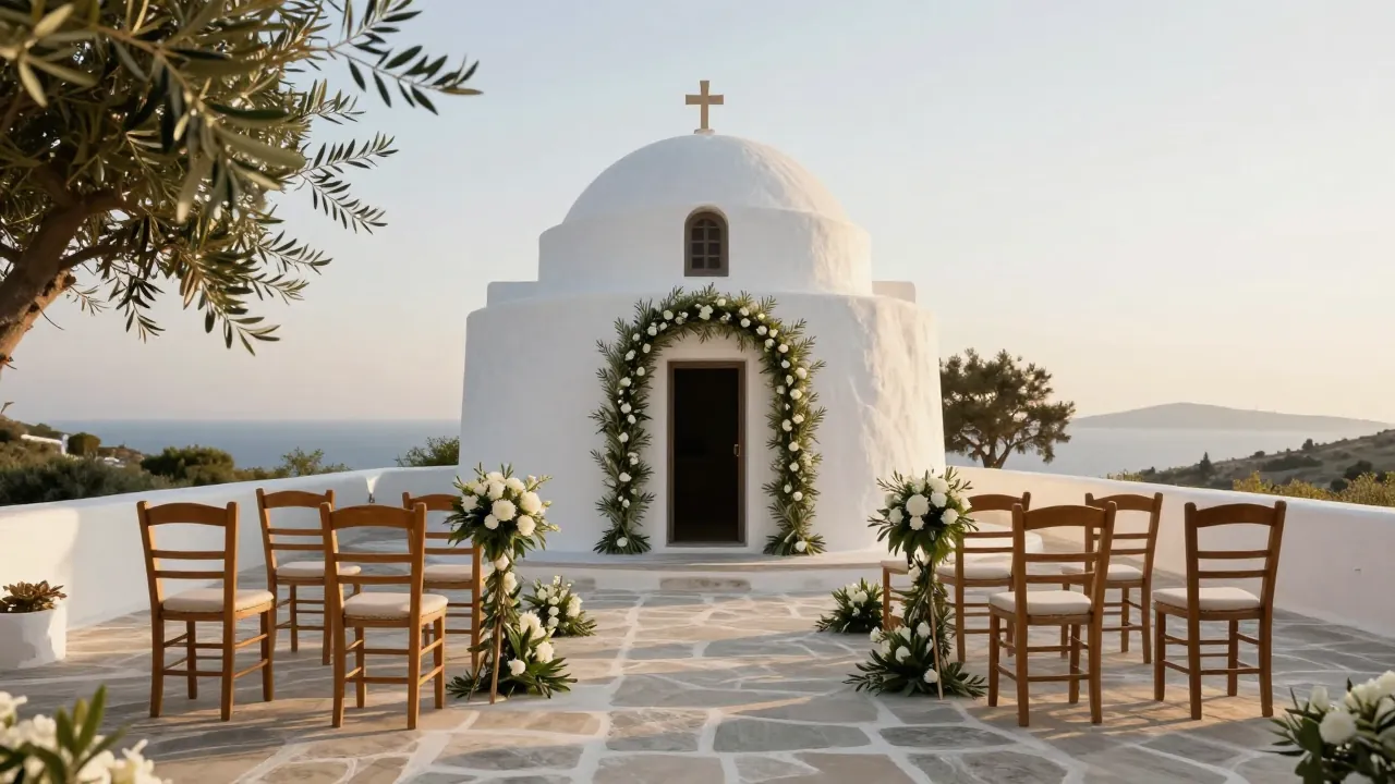 Whitewashed chapel courtyard in the Cyclades prepared for a wedding ceremony with chairs and flowers at sunset.