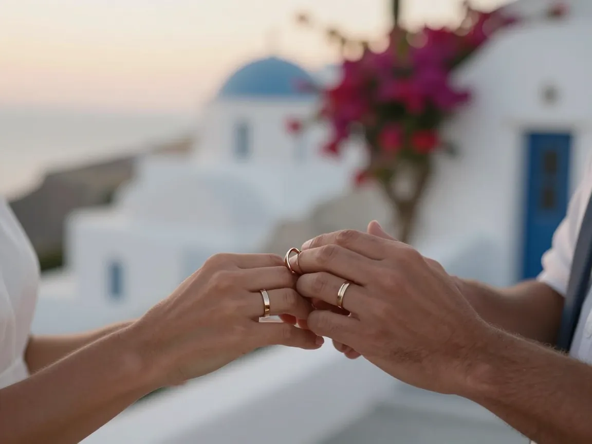 Hands exchanging rings during a symbolic wedding ceremony on a Greek island terrace at sunset.