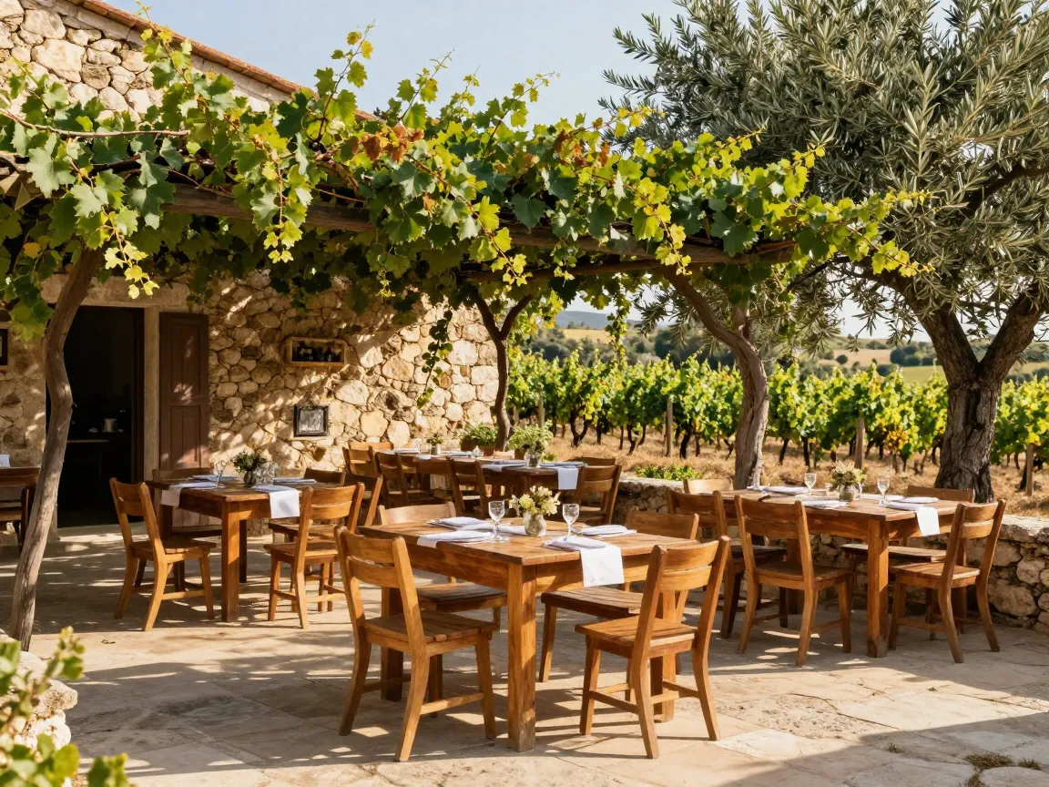 Rustic winery courtyard in Crete with tables set under grapevines for a wedding celebration.