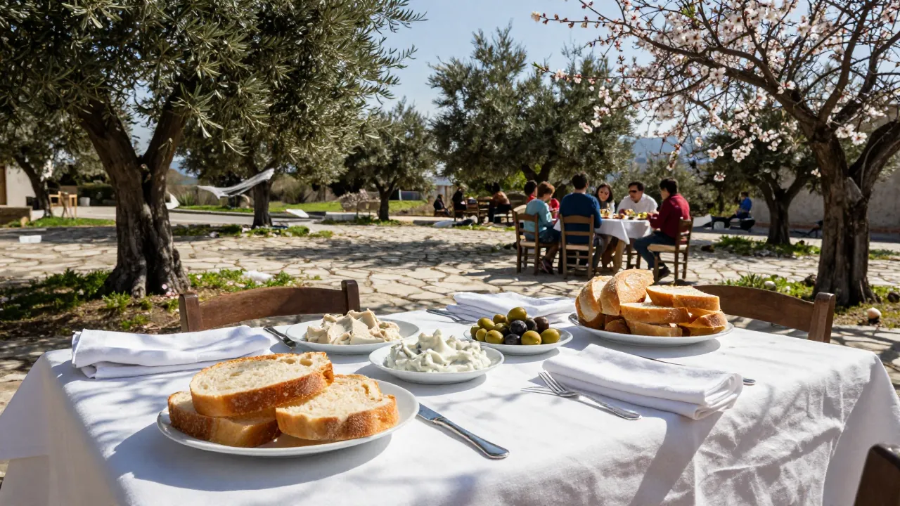 Γιορτινό τραπέζι σε πέτρινη βεράντα με λαγάνα και νηστίσιμα εδέσματα, με οικογένεια στο βάθος.
