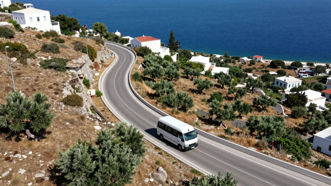 Aerial view of a coastal road in Greece with a minibus driving past whitewashed buildings and olive groves.