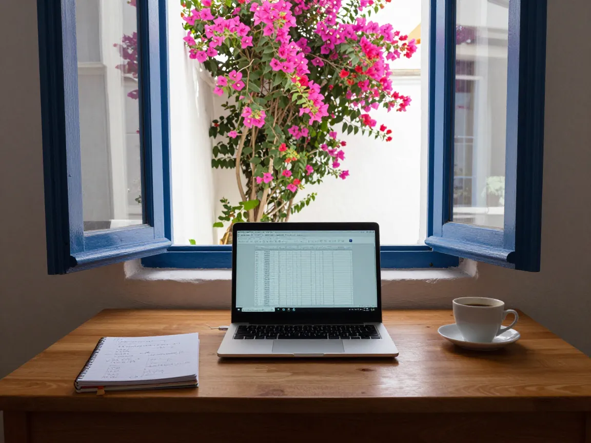 Small office desk in Greece with laptop, notebook, and coffee, bougainvillea visible through window.
