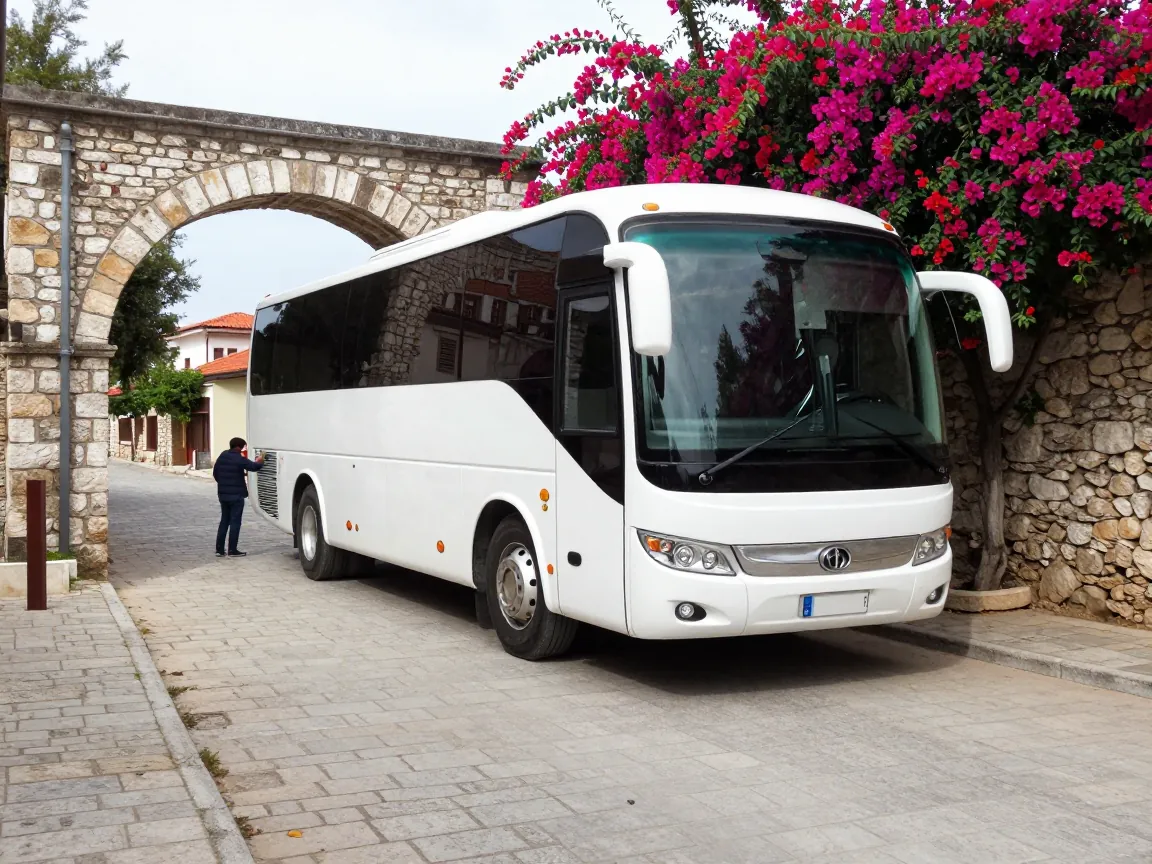 Large coach parked on narrow stone-paved street in Greek village, person from behind inspecting it.
