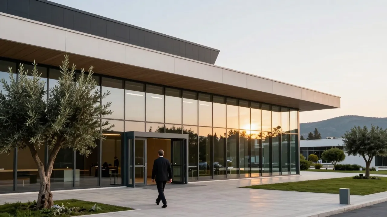 A modern conference venue in Spata with glass facade and a person walking toward the entrance.