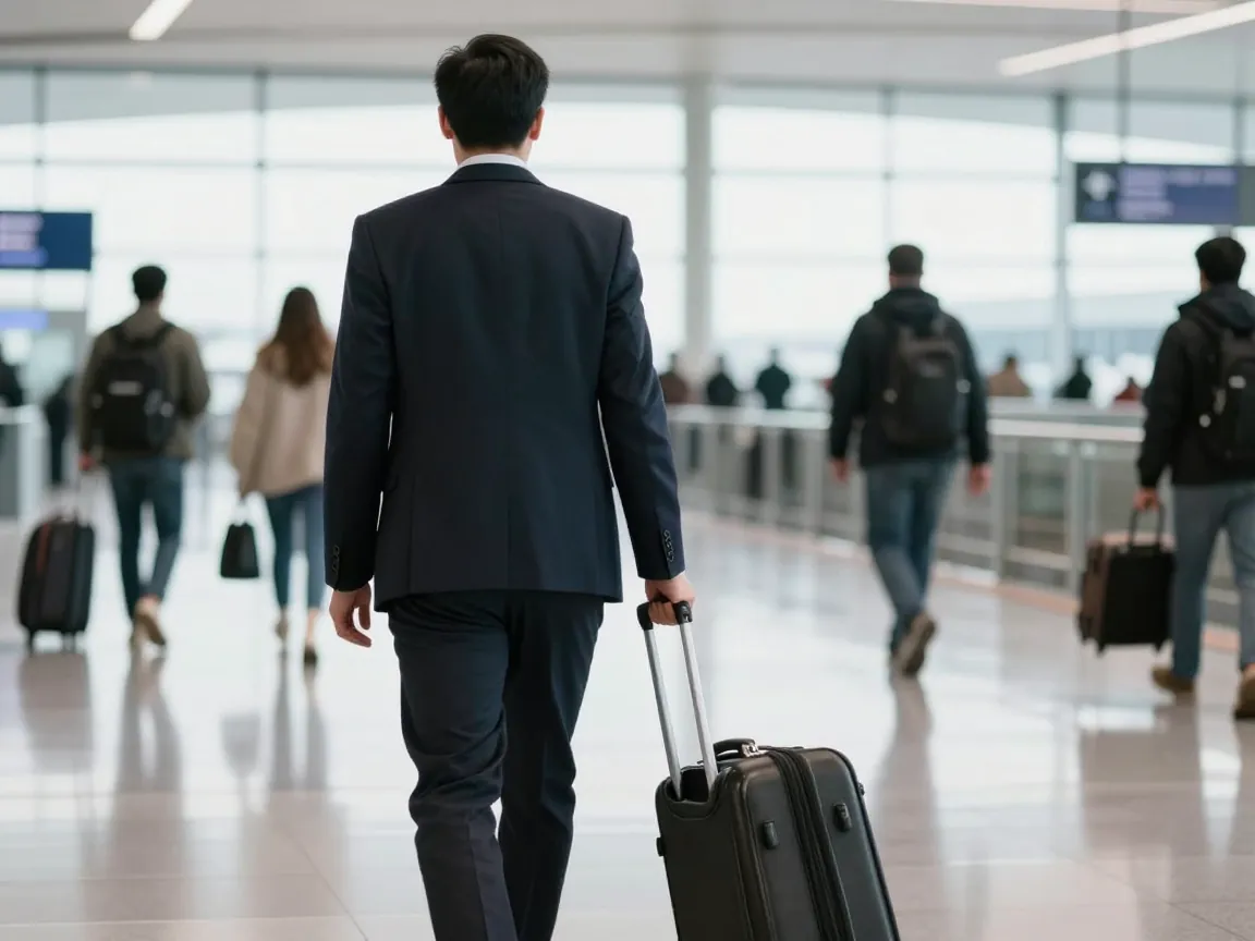 A traveler from behind with a suitcase in a bright airport arrivals hall, others blurred.