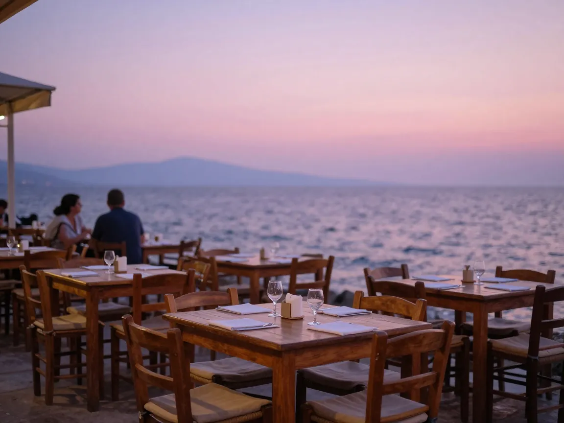 A seaside taverna terrace at dusk with tables set and the sea in the background.