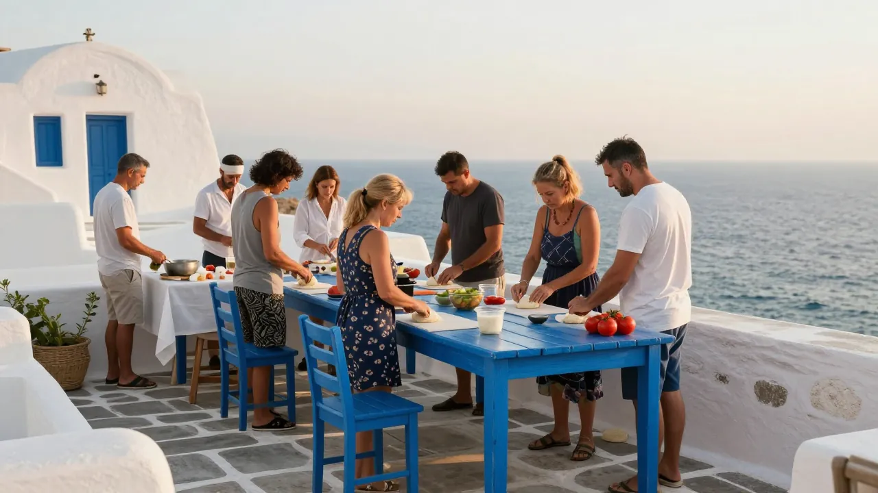 Group cooking on a sunlit Mykonos rooftop with white walls and blue table.