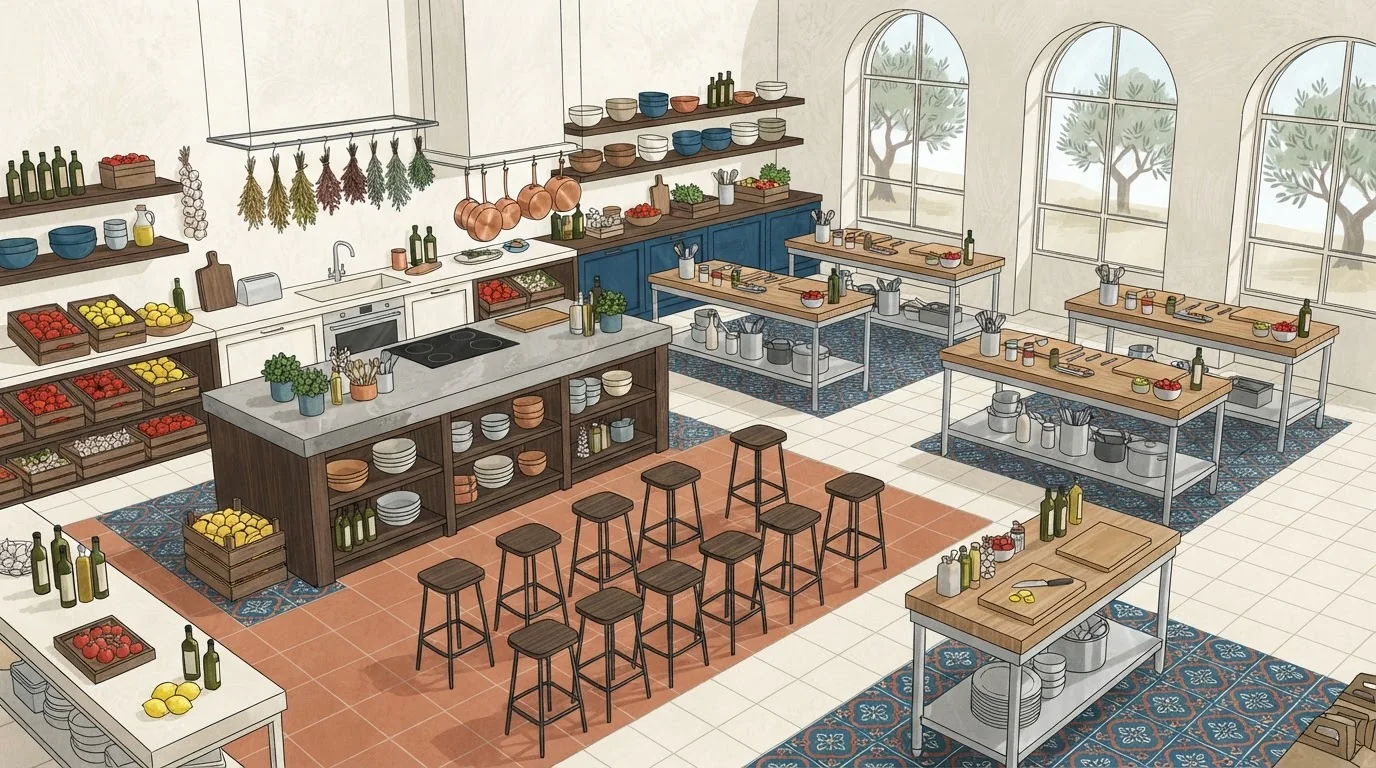 Illustrated venue setting: A cooking team event: participation or demonstration?