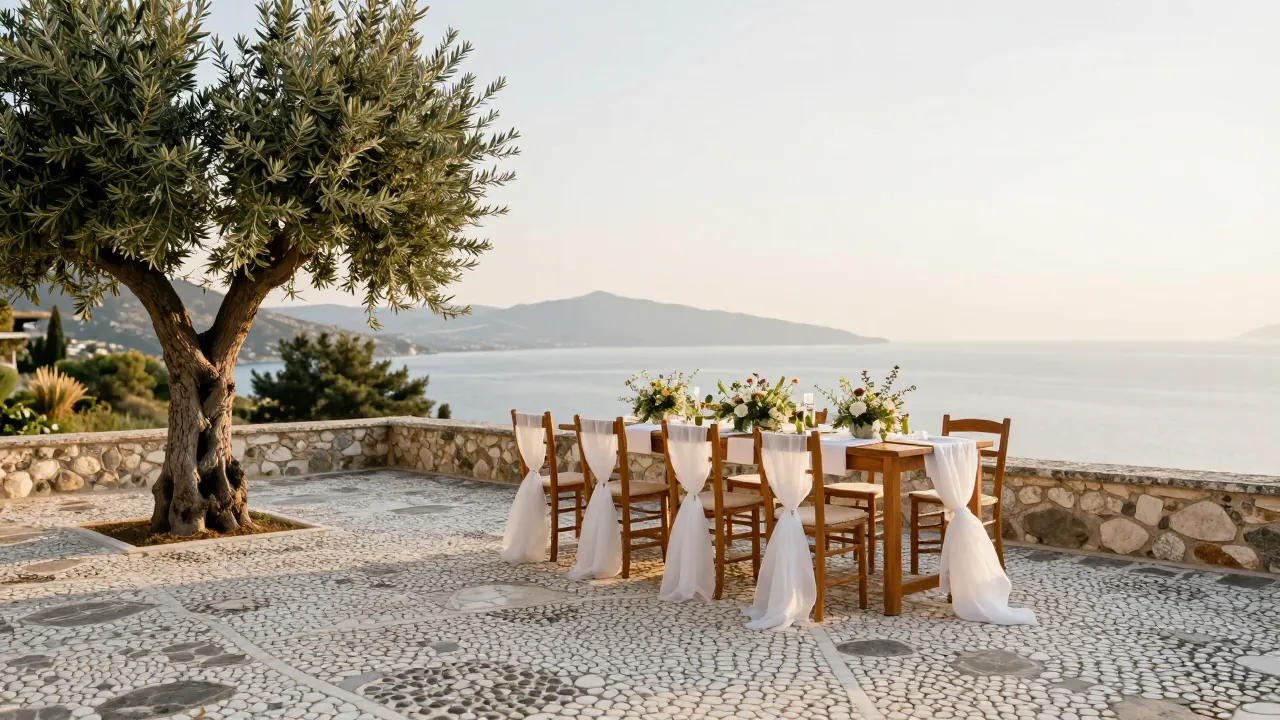 Stone terrace with wedding chairs and flowers overlooking the Ionian Sea at sunset in Corfu.
