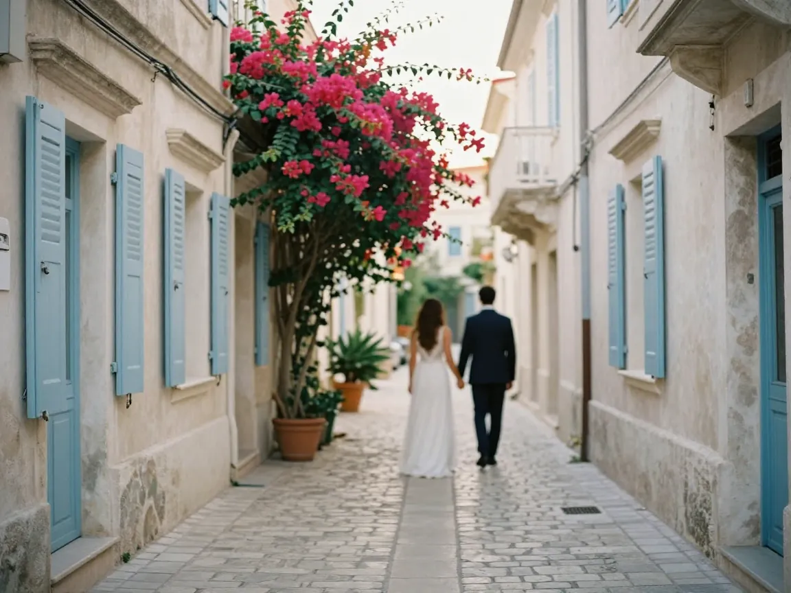 Couple seen from behind walking in a narrow Corfu Town alley with pastel buildings and bougainvillea.