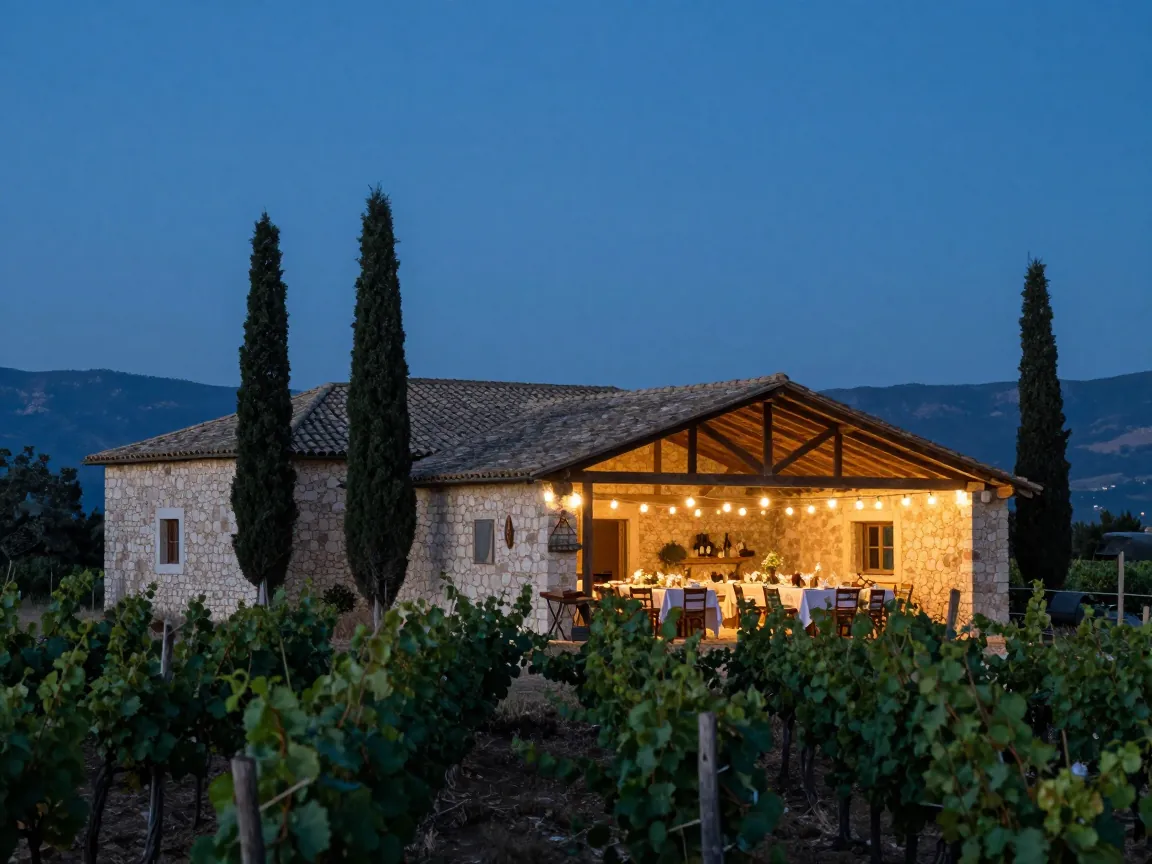 Rustic stone estate in Corfu countryside at dusk with vineyard, cypress trees and dinner tables under string lights.