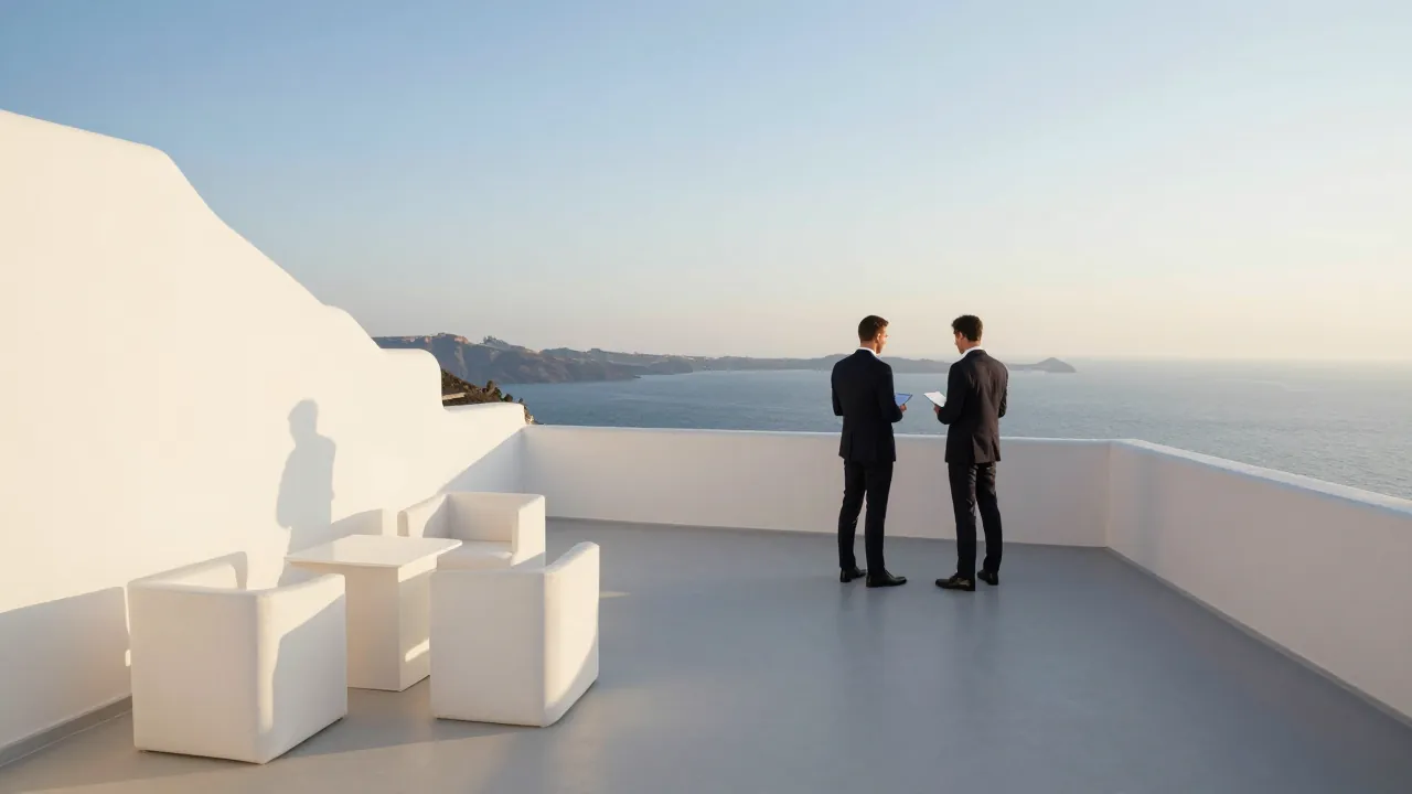 Corporate event terrace with Cycladic architecture overlooking the Aegean Sea at golden hour, two people reviewing documents from behind.