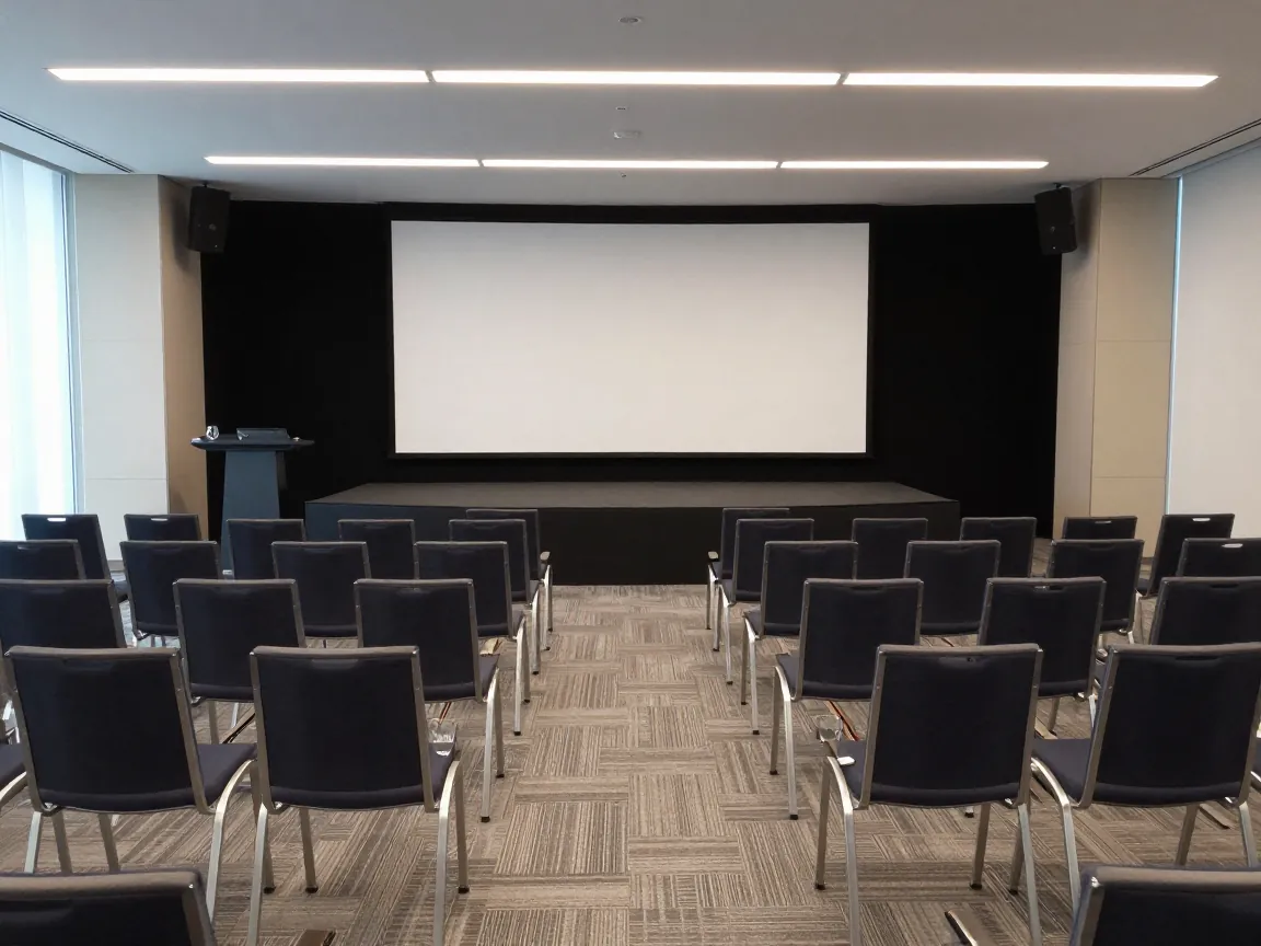 An empty modern conference room set for a company event, chairs facing a blank stage and water glasses on a side table.
