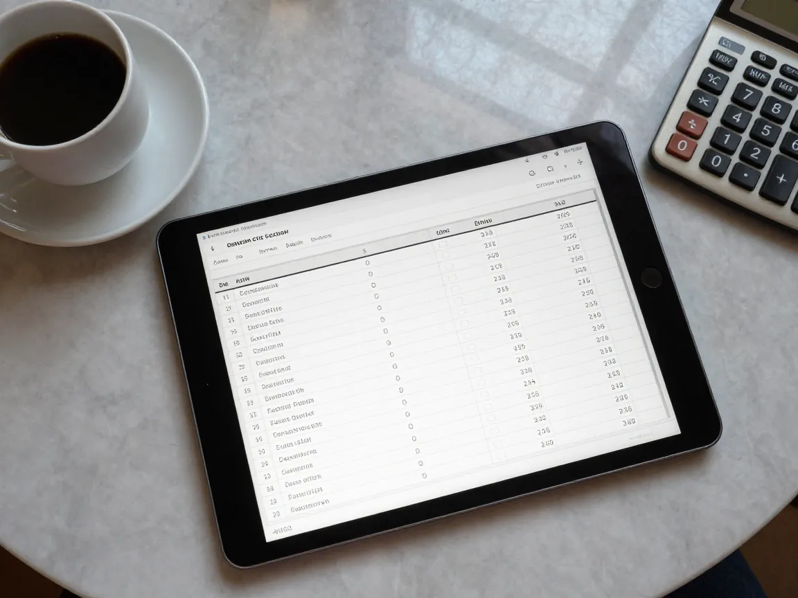 Overhead view of a tablet with a spreadsheet, Greek coffee, and calculator on a marble table in natural light.