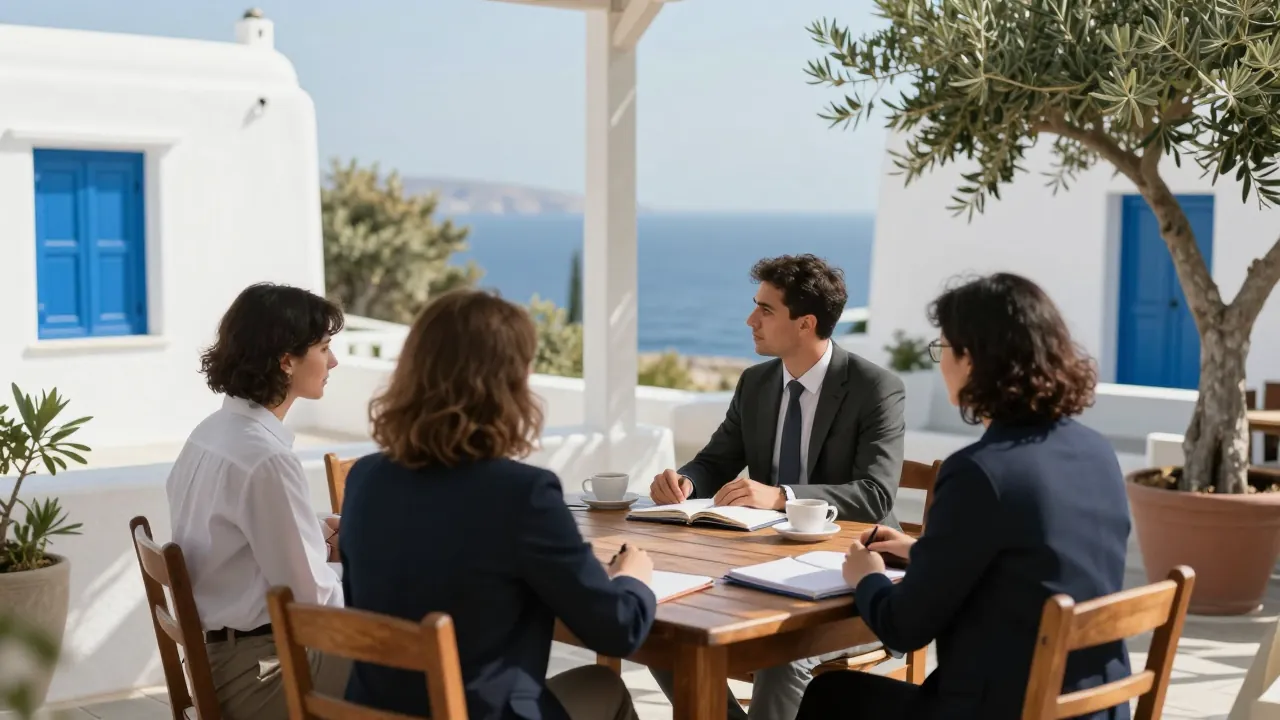 Team seated at a sunlit terrace table overlooking the Aegean, seen from behind.