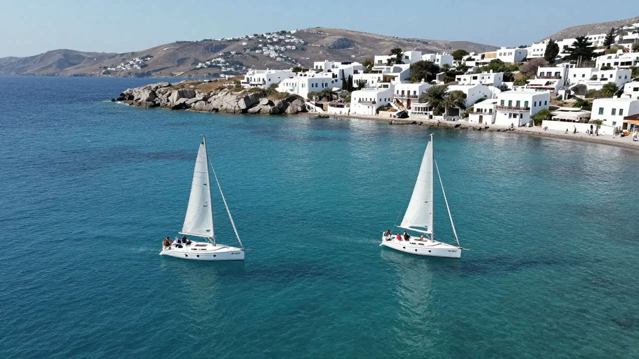 Two sailboats with small crews sailing in turquoise water near a rocky Cycladic coastline with whitewashed buildings in the distance.