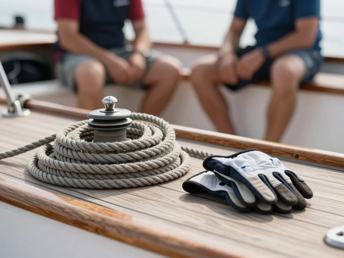 Coiled rope, winch handle, and sailing gloves on a boat deck with blurred crew members sitting in the background.