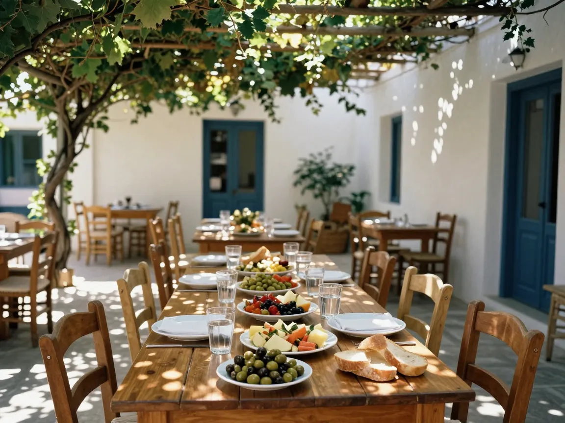 Long wooden table under a vine pergola in a Greek courtyard with meze platters, olives, bread, and water glasses, empty chairs around.