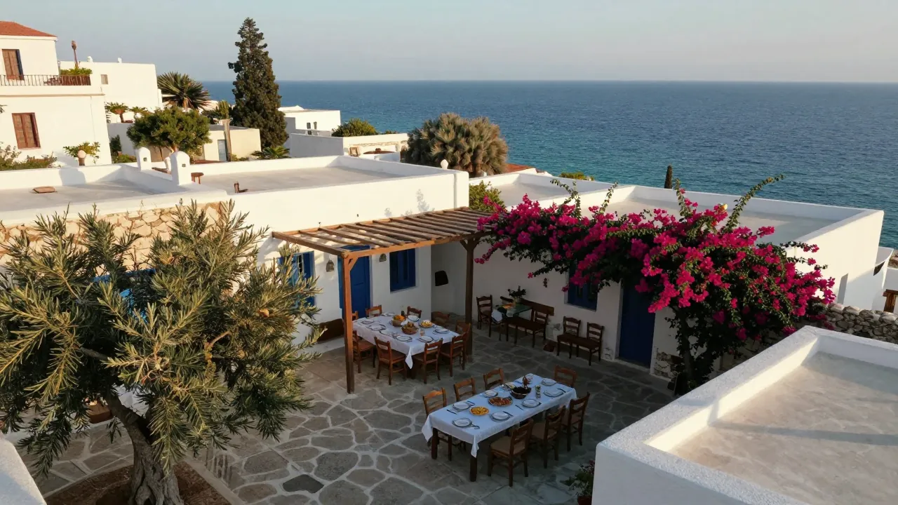 Whitewashed Cretan resort courtyard with a long table set under a pergola and the sea beyond