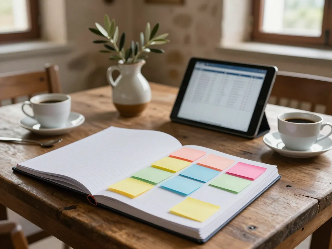 Rustic table with notebooks, sticky notes and coffee cups in a stone meeting room, morning light